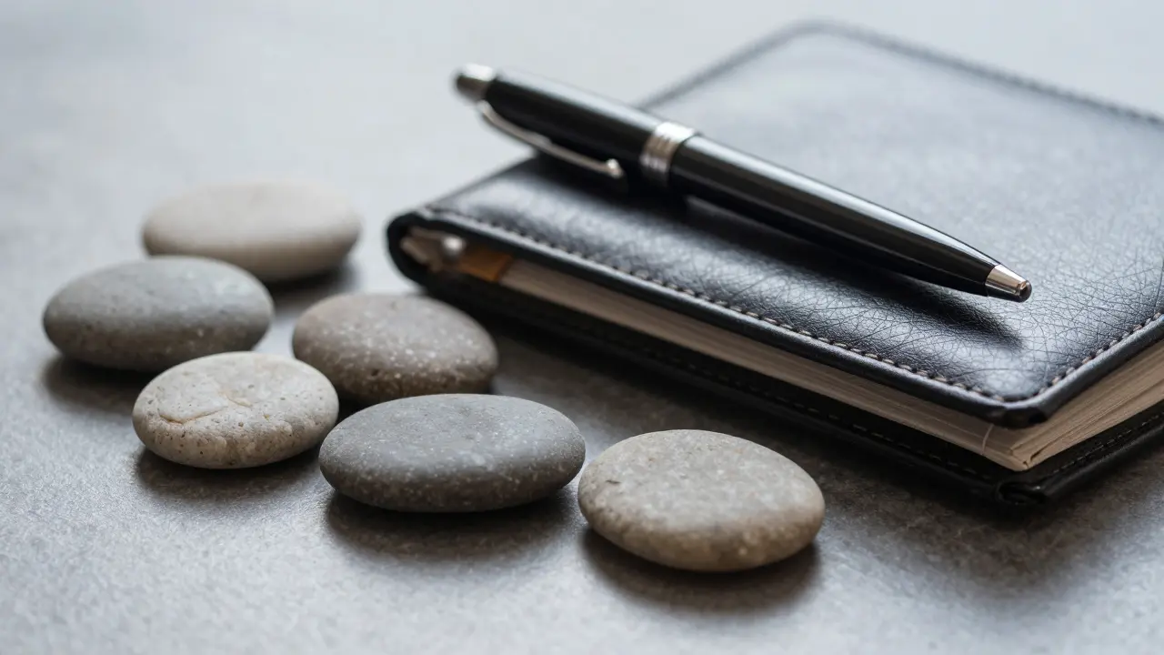 Psací potřeby a kameny na stole symbolizující řád a etiketu.