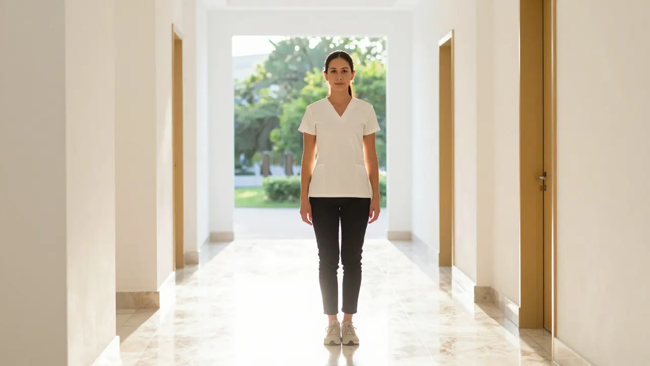 Sebevědomý odborník stojí v osvětlené chodbě zdravotního centra.