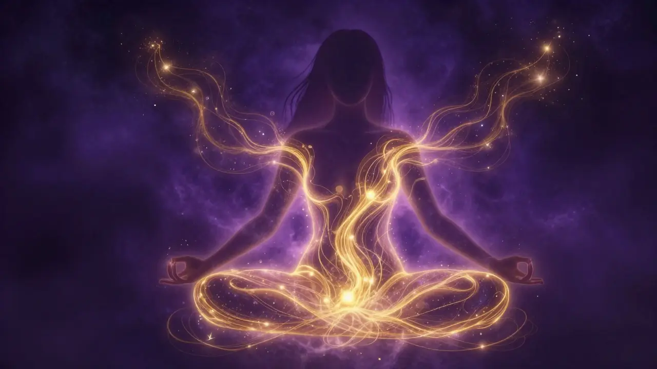 Silueta ženy s proudící zlatou energií rozlévající se celým tělem.