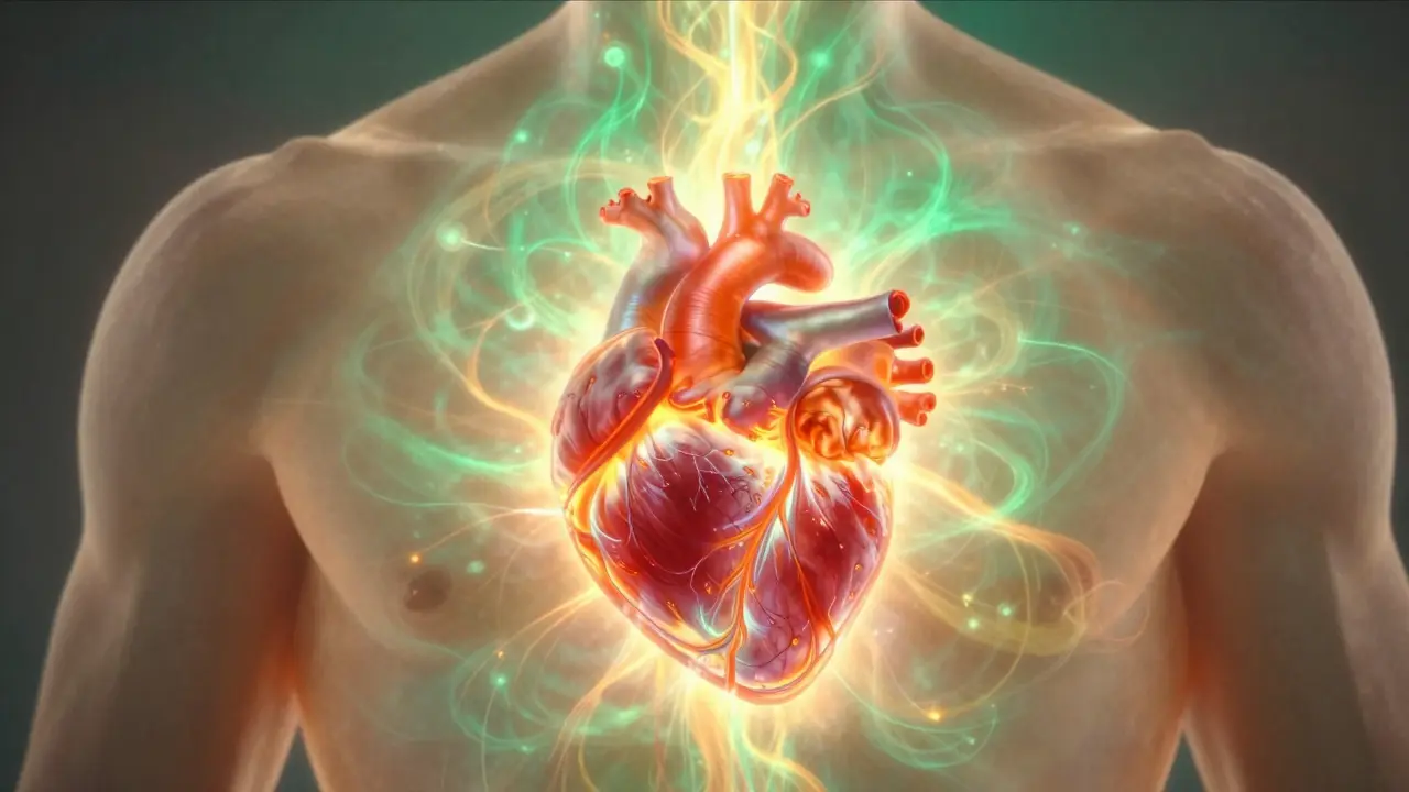 Umělecké znázornění srdce jako energetického mostu přeměňujícího energii.