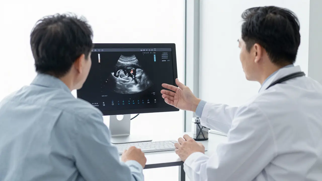 Urolog konzultuje výsledky ultrazvuku prostaty s pacientem v moderní ordinaci.