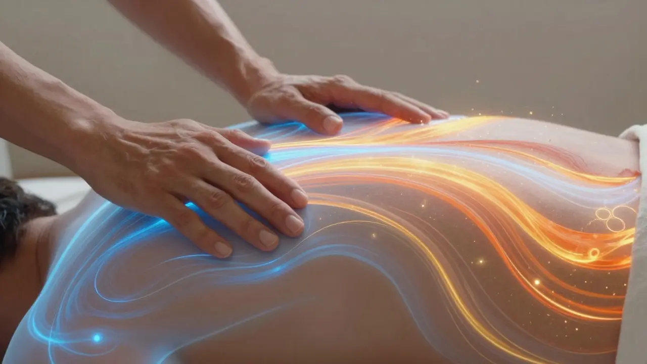 Umělecká vizualizace toku energie v těle při hluboké relaxaci