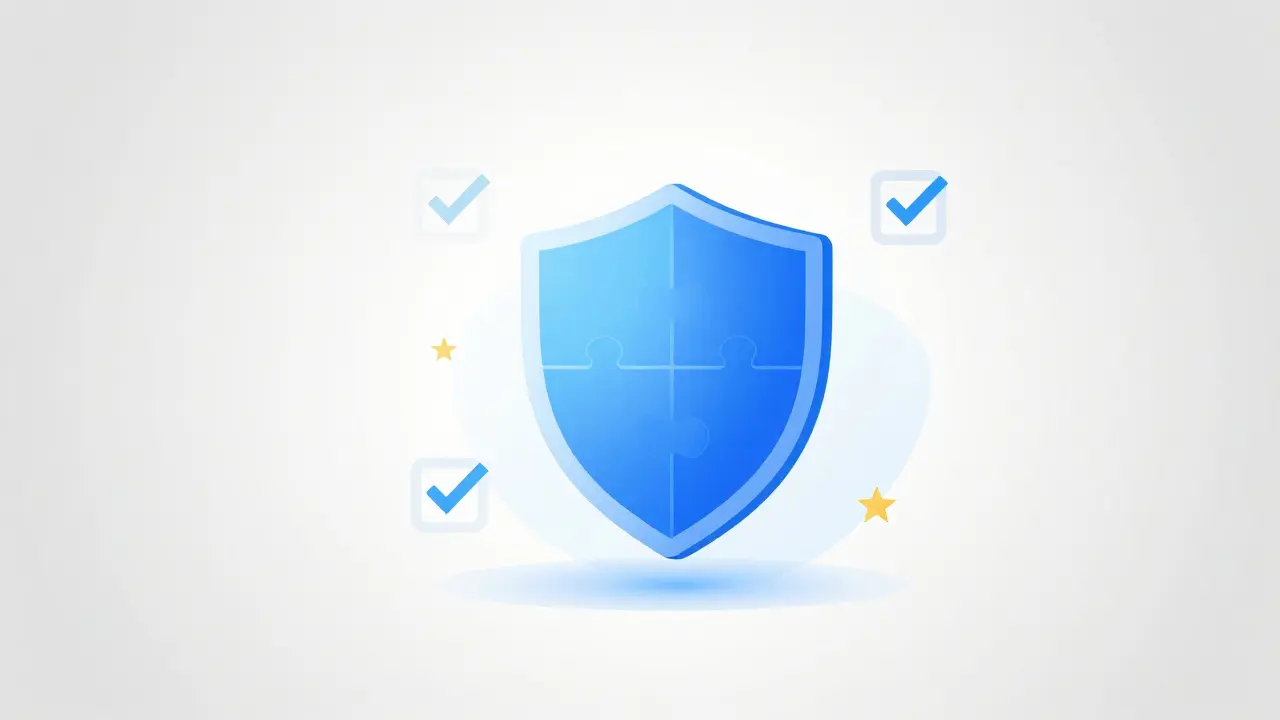 Abstraktní grafika modrého štítu a zářících hvězd symbolizujících důvěryhodnost a certifikaci.