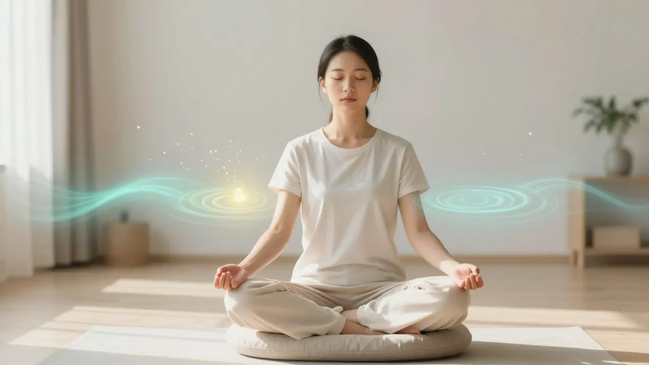 Osoba v meditaci s vizuálními efekty smyslů