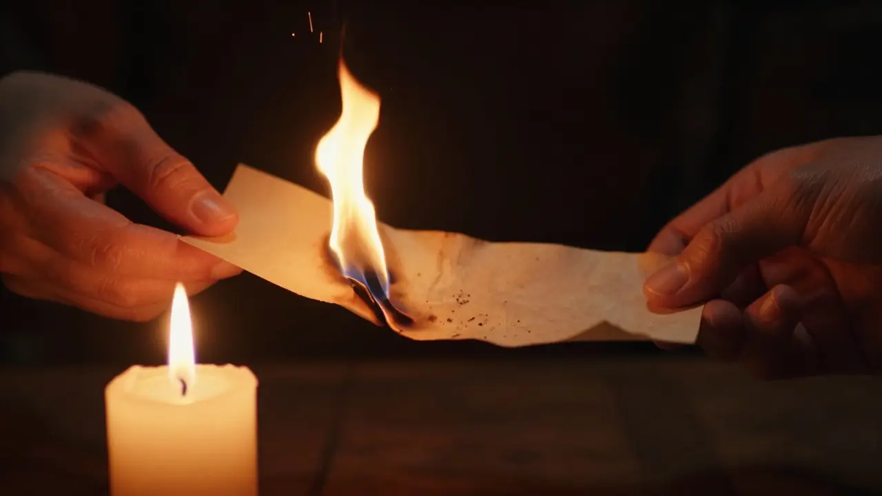 Ruce pálící papír nad plamenem svíčky