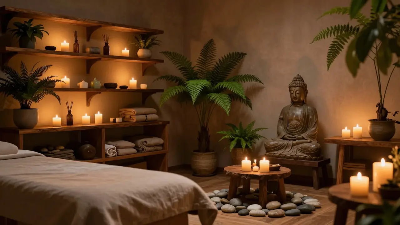 Uklidňující interiér wellness centra s knotovými svíčkami, rostlinami a buddhistickou sochou.