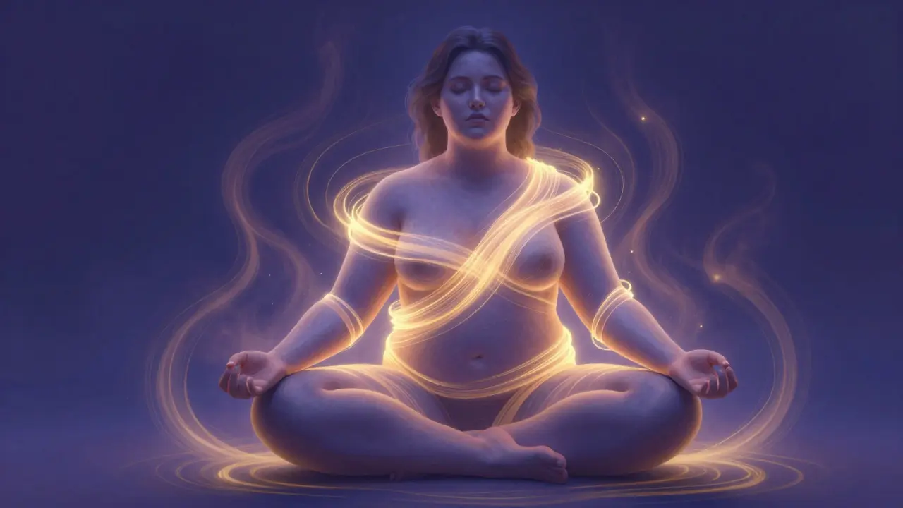 Ilustrace osoby v meditaci obklopené světlem symbolizujícím dýchání a uzemnění