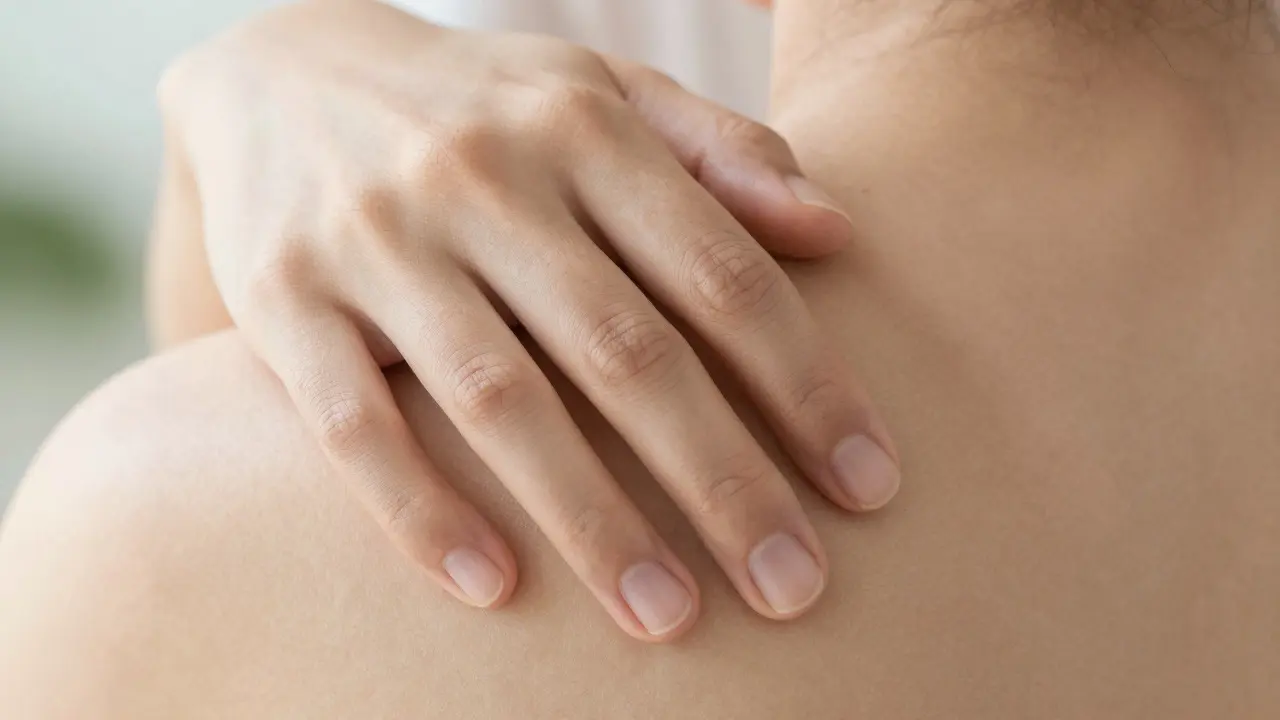 Jemný dotek ruky na zádech symbolizující důvěru a komunikaci