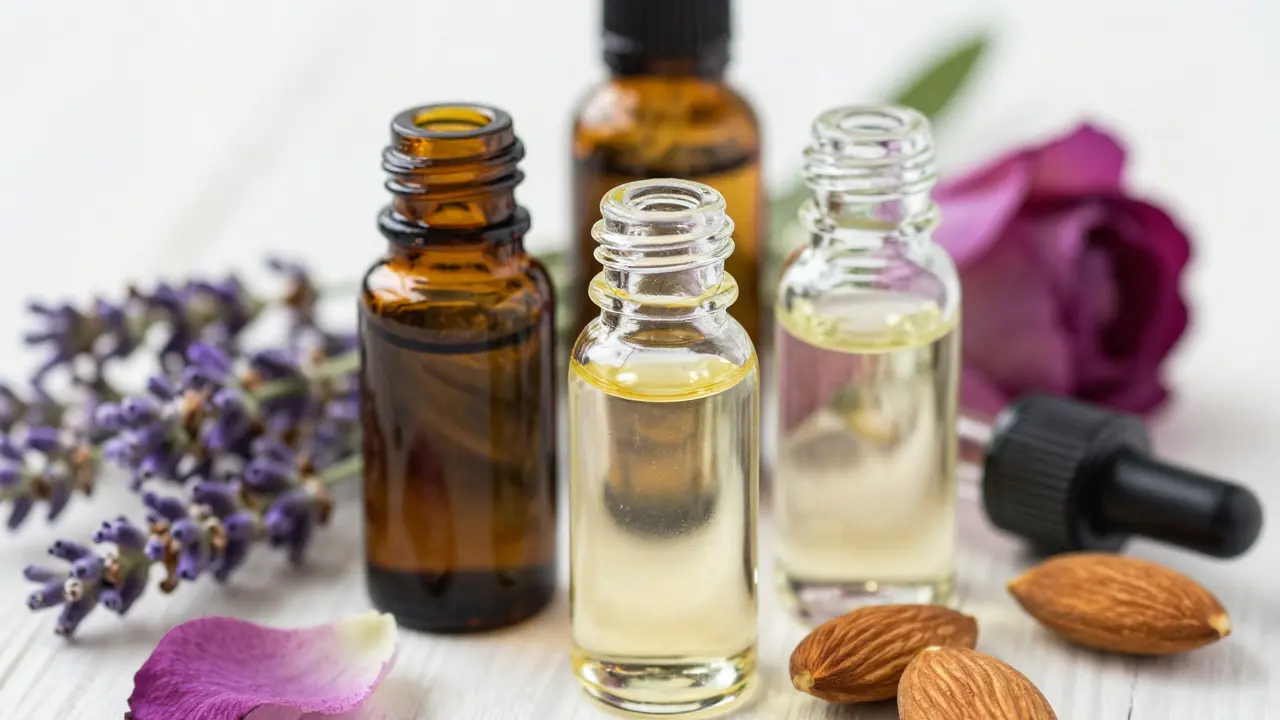 Přírodní masážní oleje a botanické ingredience jako levandule a růže