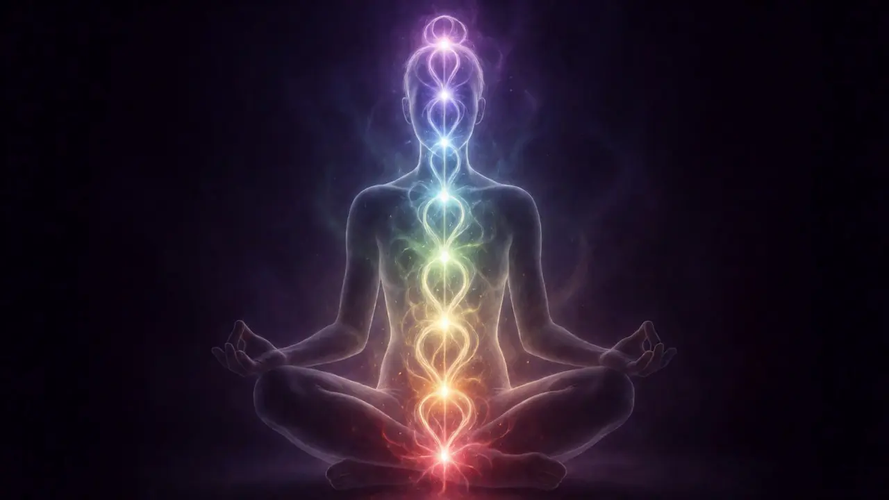 Sedm čaker svítících podél páteře v meditativní poloze