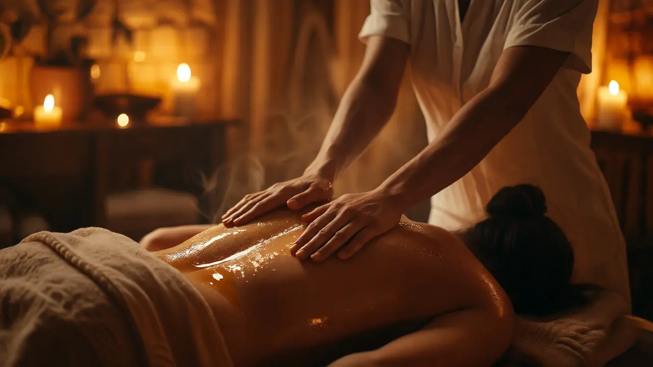 Atmosférická scéna tantrické masáže s teplým olejem a tlumeným světlem ve wellness prostoru.