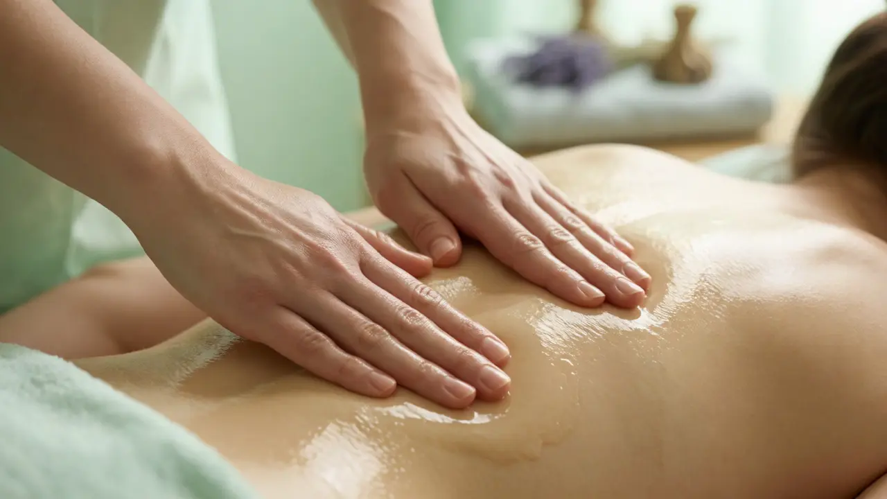 Detail rukou terapeuta provádějícího intuitivní masáž se zářícím olejem na zádech klienta.