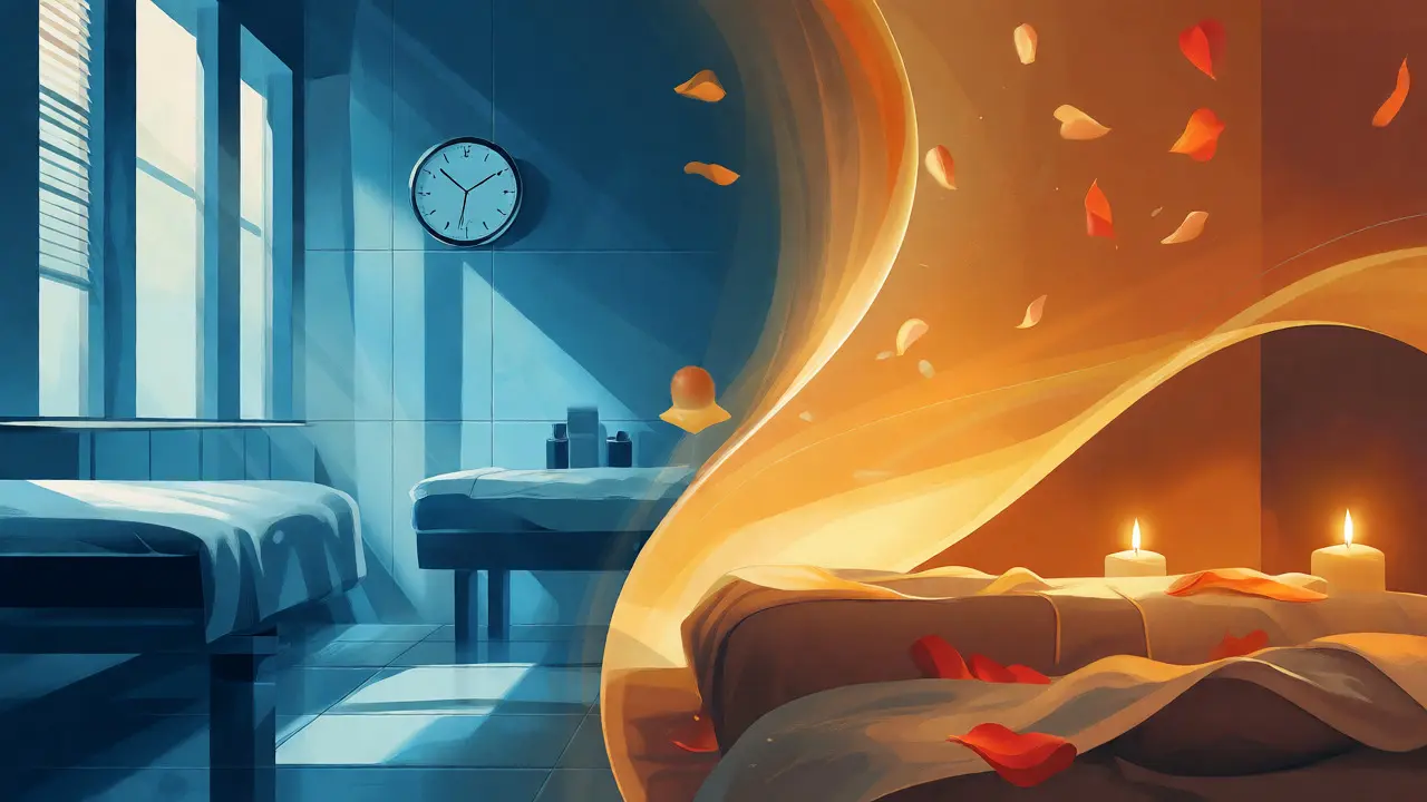 Kontrastní ilustrace chladné klinické masáže a teplé, luxusní tantrické atmosféry.