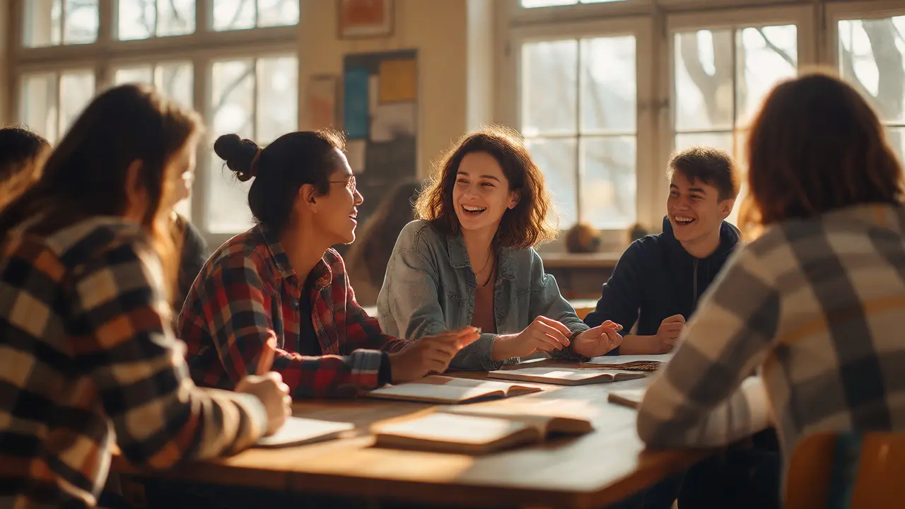 Skupina studentů konverzující s lektorkou češtiny ve třídě