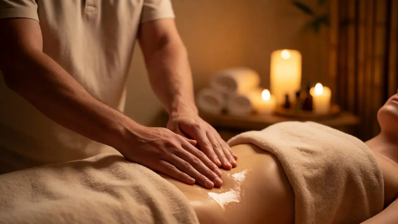 Terapeutické ruce při masáži pánevní oblasti ve teplém osvětlení