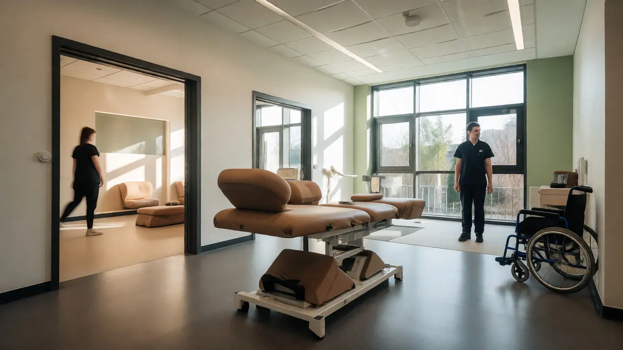 Bezbariérová masážní místnost s polohovacími lůžky a asistentem