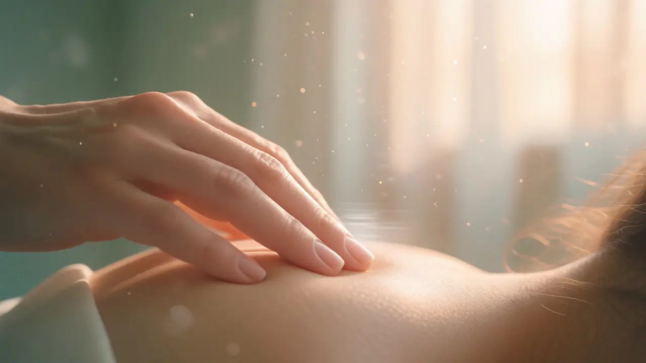 Detailní záběr na pomalý dotek terapeuta na rameni klienta ve slunečním svitu.