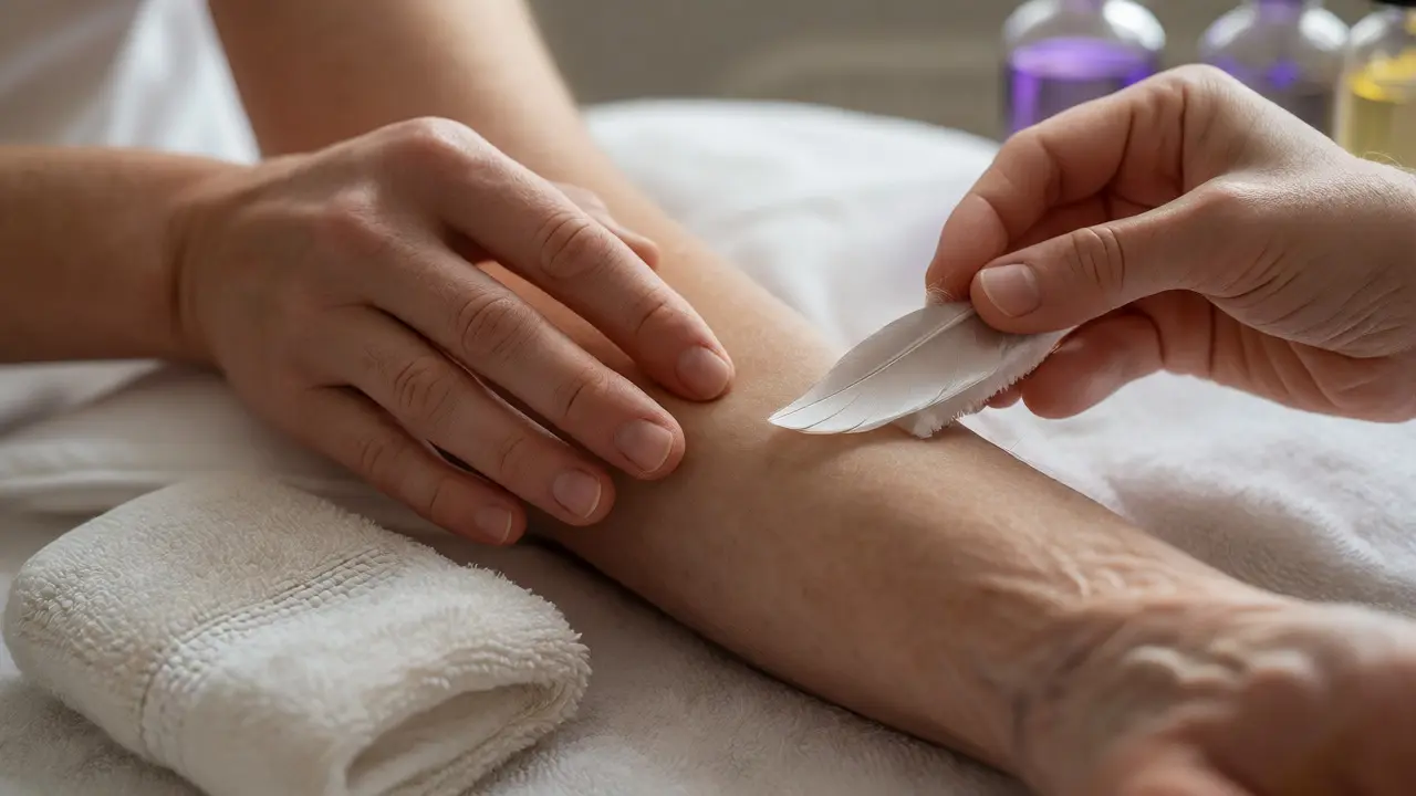 Jemná stimulace kůže peřím a teplým ručníkem pro osoby s postižením
