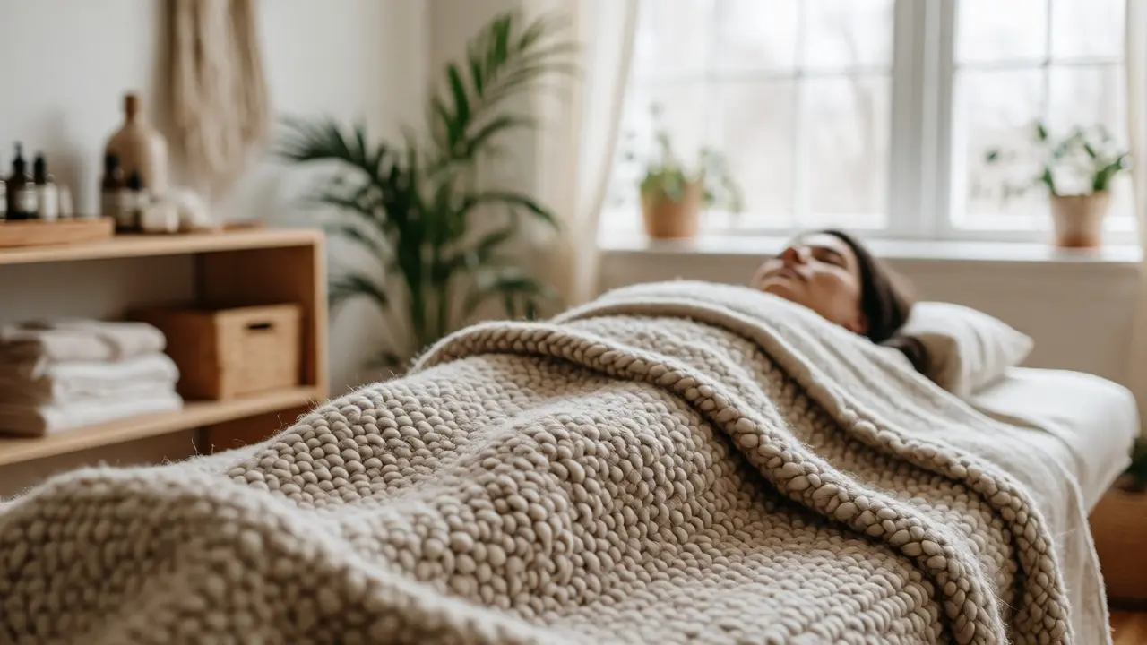 Klient odpočívající pod dekou v klidné terapeutické místnosti po masáži.