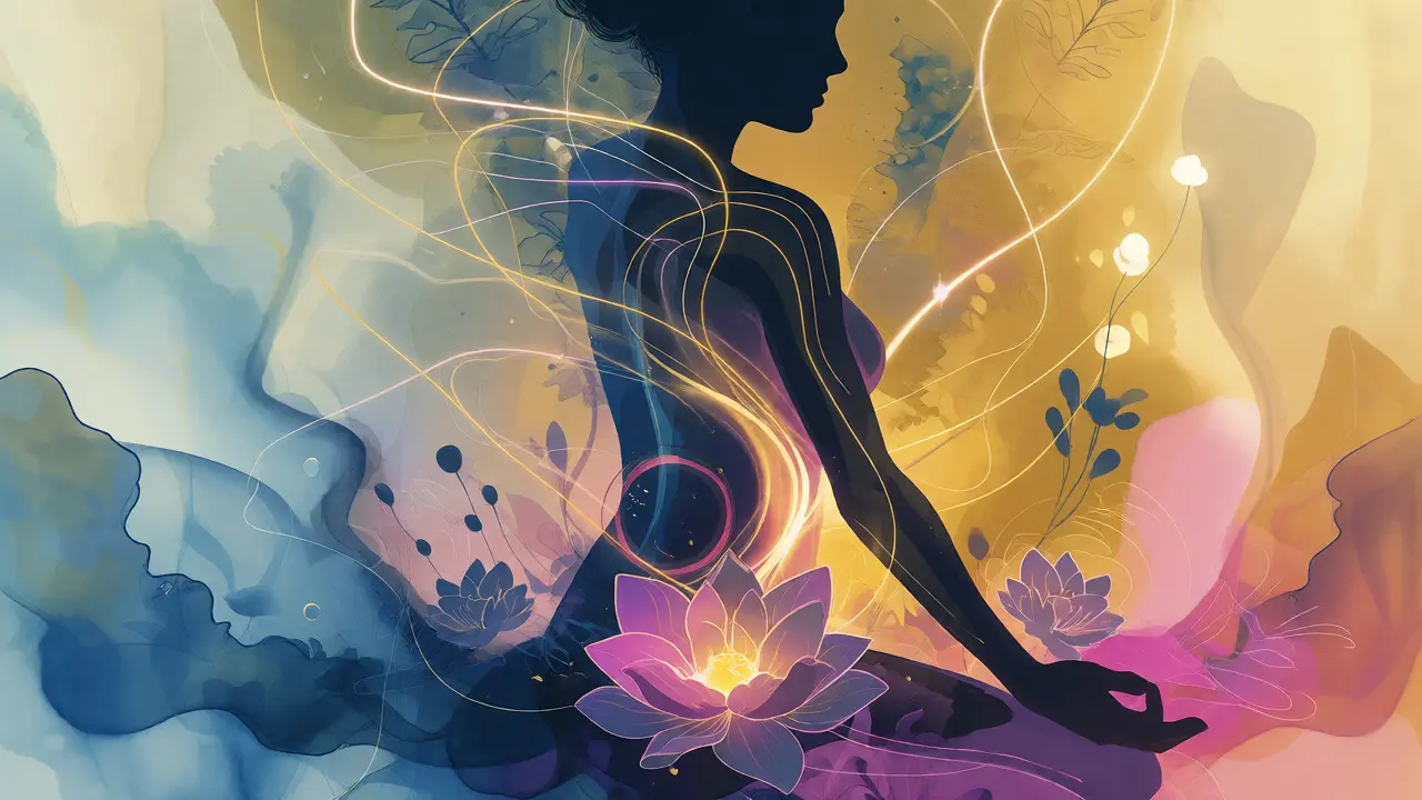 Konceptuální ilustrace znázorňující tok energie a hormonů během tantrické praxe.