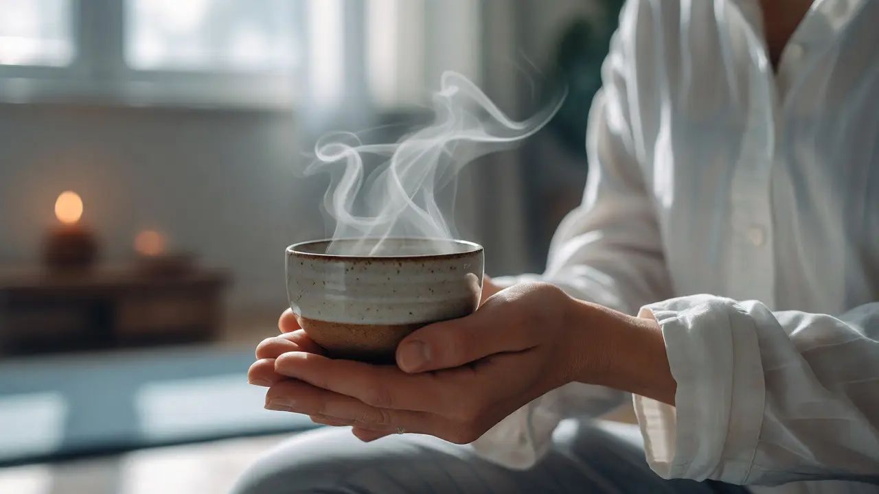 Ruce držící šálek čaje jako meditativní cvičení přítomnosti doma