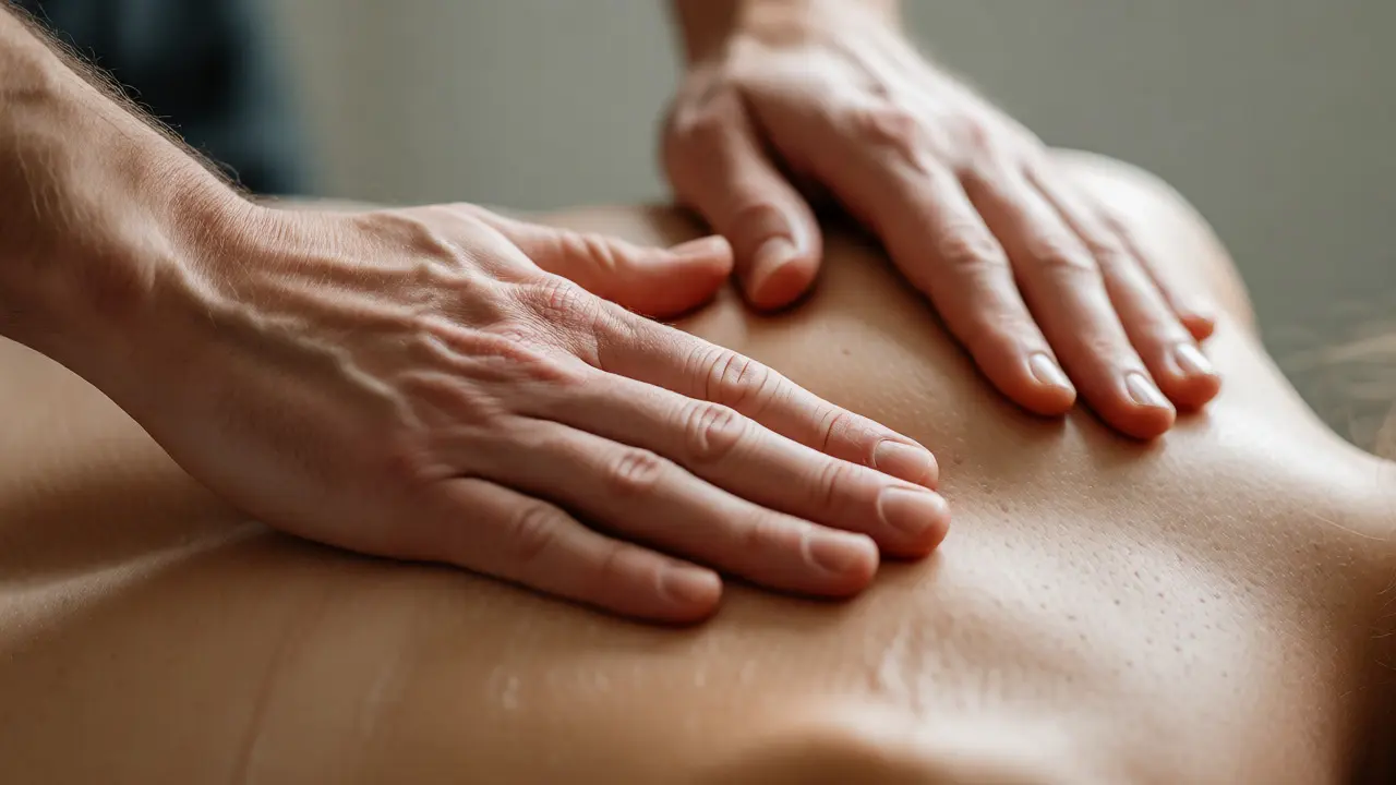 Ruce terapeuta jemně masírují záda a ramena těhotné ženy, břicho zůstává nedotčené pro bezpečnost.