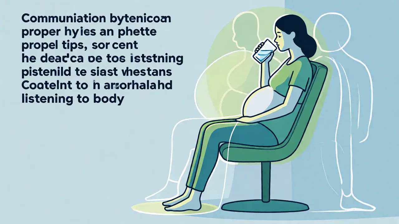 Těhotná žena pije vodu v klidném prostředí, ilustrace bezpečných praktik a hydratace po masáži.